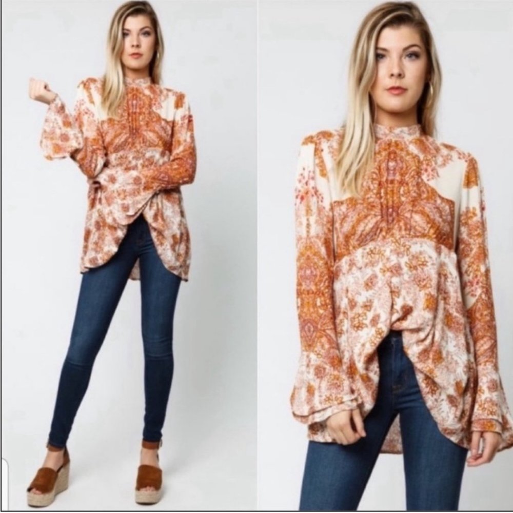 NWT FREE PEOPLE Lady Luck Tunic Dress Rust Ivory Open Back Tie Long Sleeve XS - Picture 3 of 12